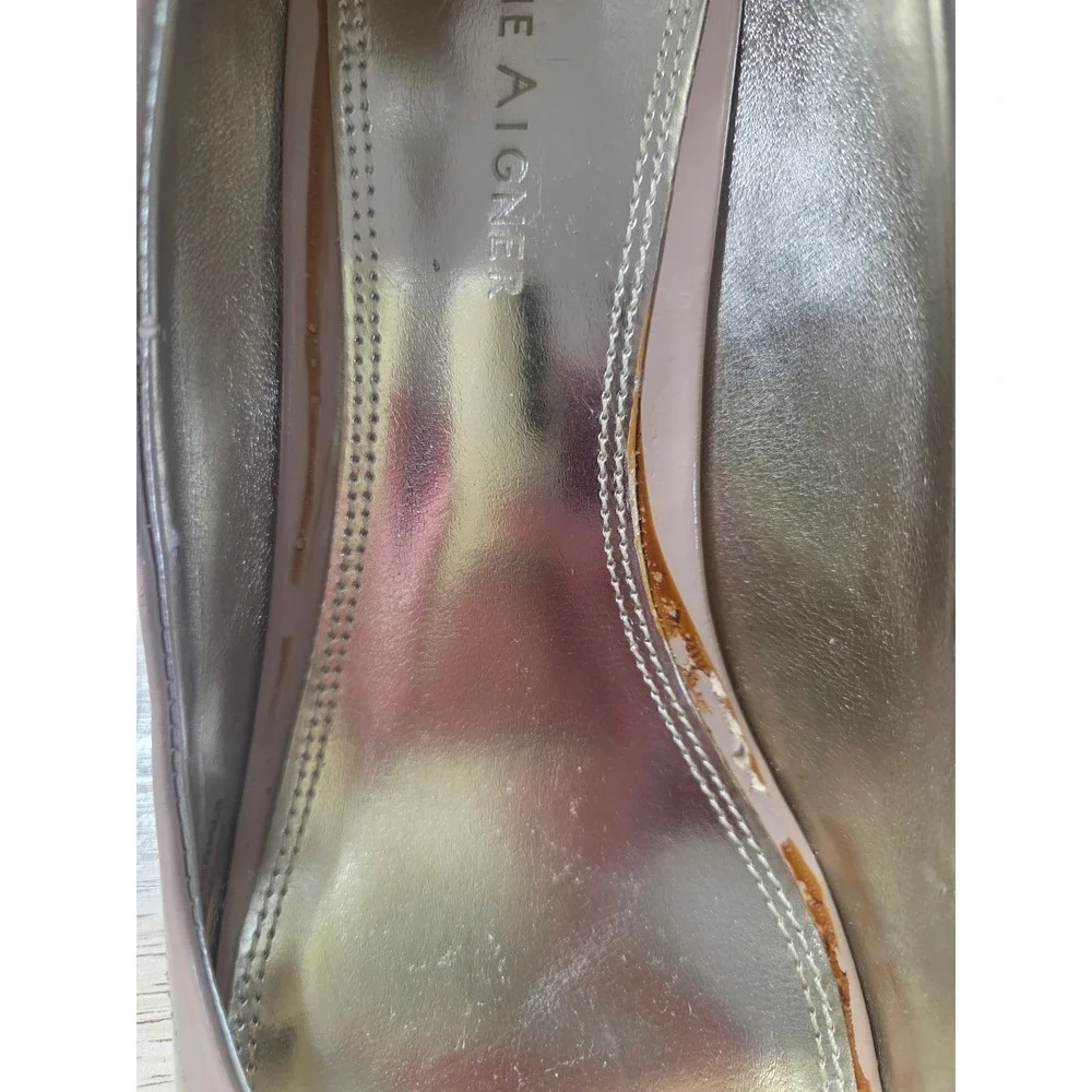 Etienne Aigner Peep Toe Heels Patent Buckle Beige Women Size 7.5 M